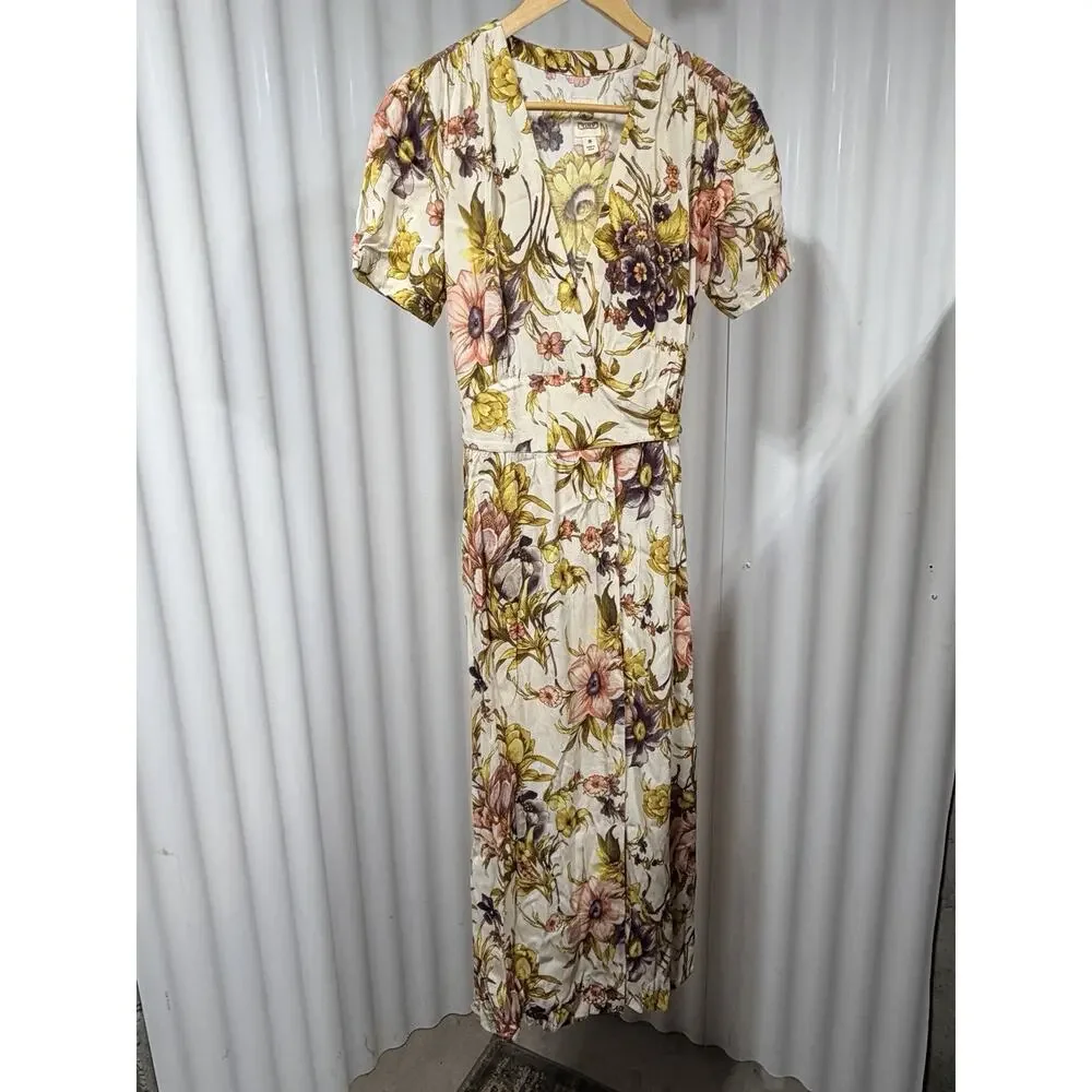 Anthropologie Floral V-Neck Wrap Maxi Dress Sz Sm Ivory Orange 30420T Spring